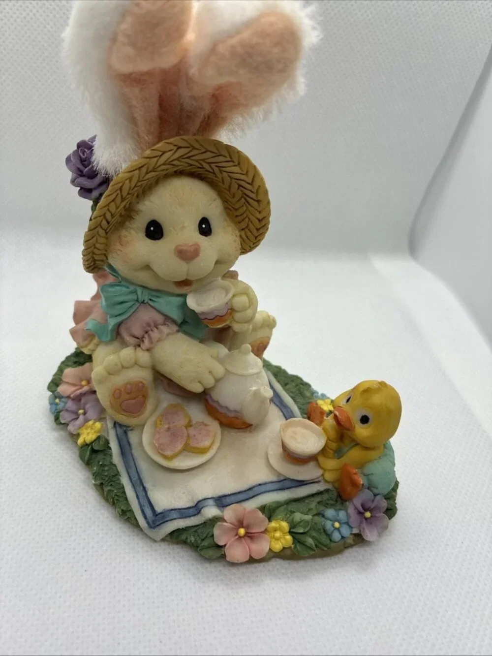 Vintage Easter Bunny Tea Party Figurine Chick Picnic Resin Decor Fuzzy Ears
